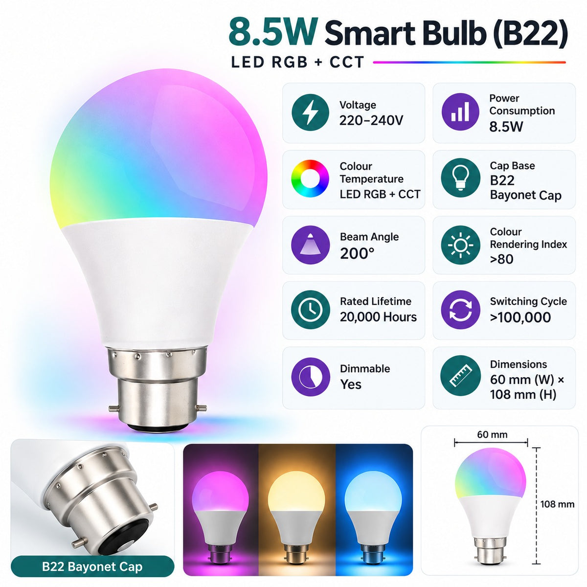 Smart Bulb B22 8.5W RGB + CCT infographic – voltage, power, cap, beam angle, CRI, lifetime, dimmable, dimensions