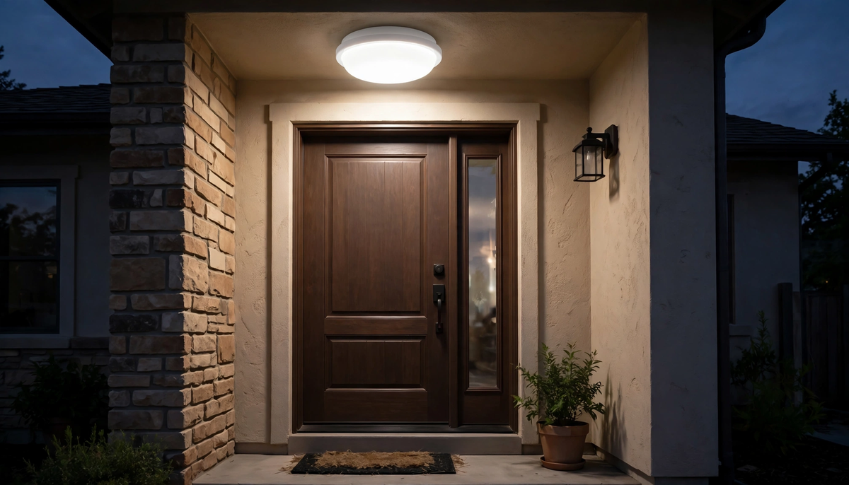 IP65 bulkhead installed on porch ceiling, lit