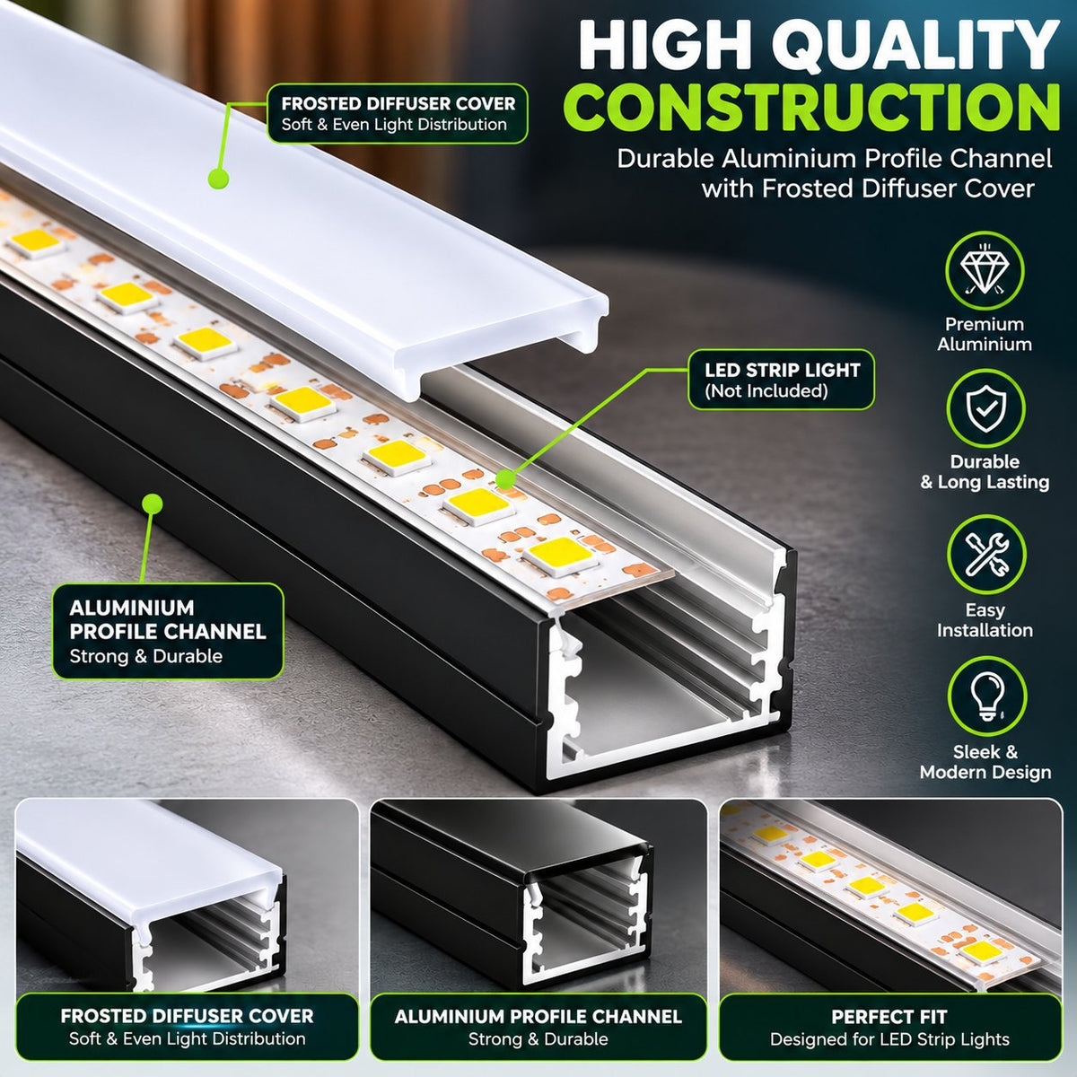 2m Standard LED Aluminium Profile – 17mm × 7mm Surface Mount Channel with Diffuser Cover