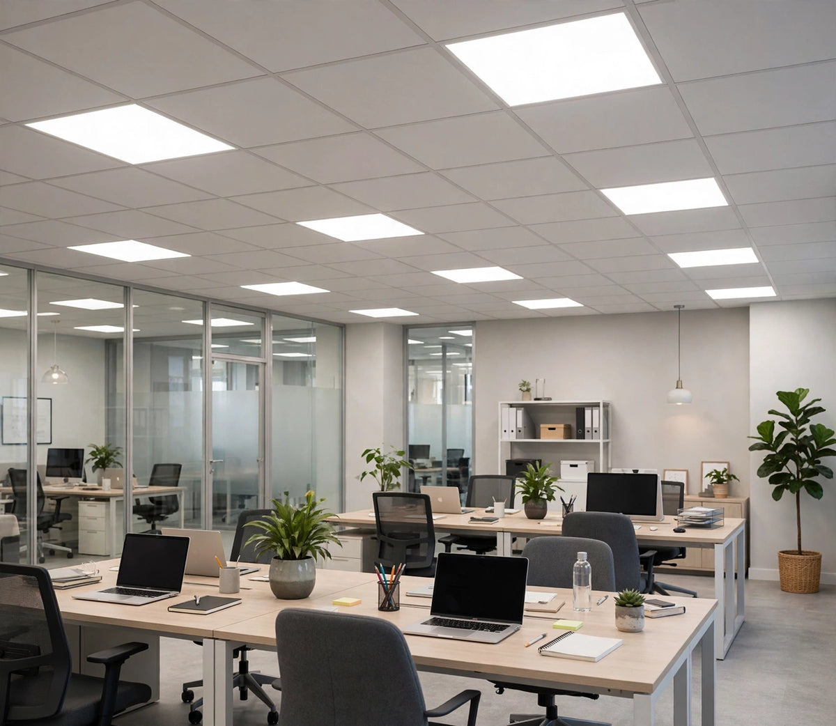 30W LED panels installed in office ceiling