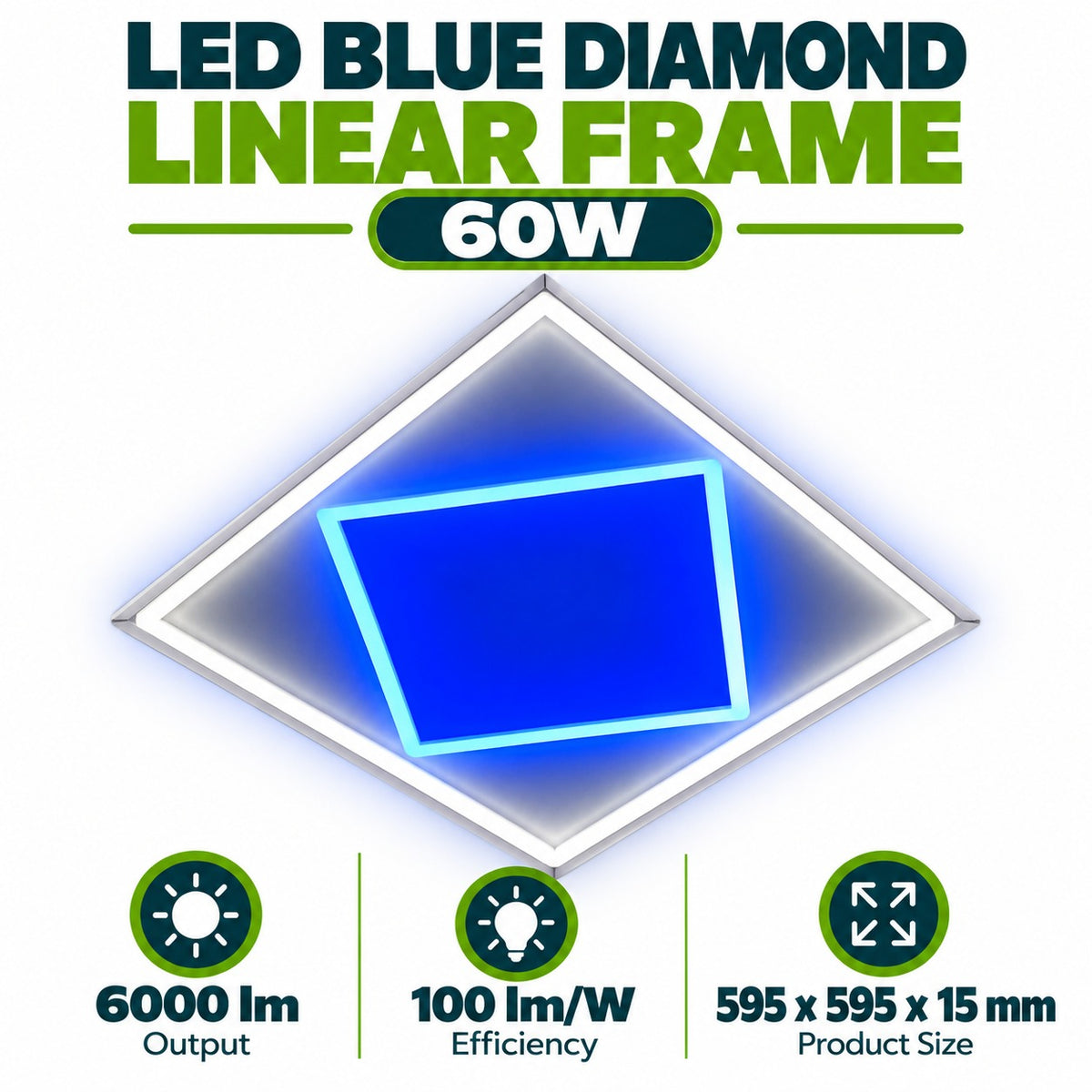 LED Blue Diamond Linear Frame 60W infographic – 6000lm output, 100 lm per W efficiency, 595 x 595 x 15mm product size