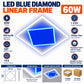 LED Blue Diamond Linear Frame infographic – 60W, 100 lm per W, 120 degree beam, PF over 0.9, surge over 2KV, flicker-free, Aluminium frame with PC cover, suitable for most gypsum ceilings, 595 x 595 x 15mm, packing 2 units per box, 10 units per carton