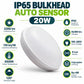 IP65 Bulkhead Auto Sensor 20W infographic – 2200 lm, 110 lm per W, 6500K, 120 degree viewing angle, IP65, 50000 hours, 100-265V input, 8 lux sensor, polypropylene housing, CRI Ra over 80