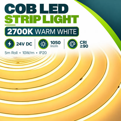 COB LED Strip Light 2700K Warm White – 24V DC, 1050 lm per m, CRI over 90, 5m roll, 10W per m, IP20