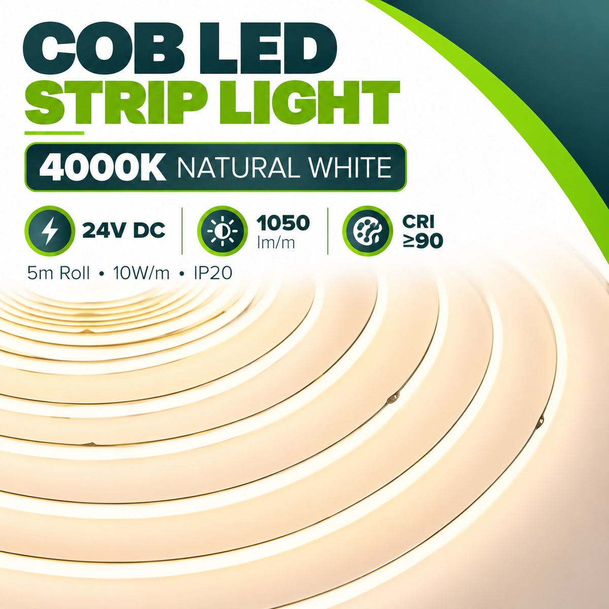 COB LED Strip Light 4000K Natural White – 24V DC, 1050 lm per m, CRI over 90, 5m roll, 10W per m, IP20