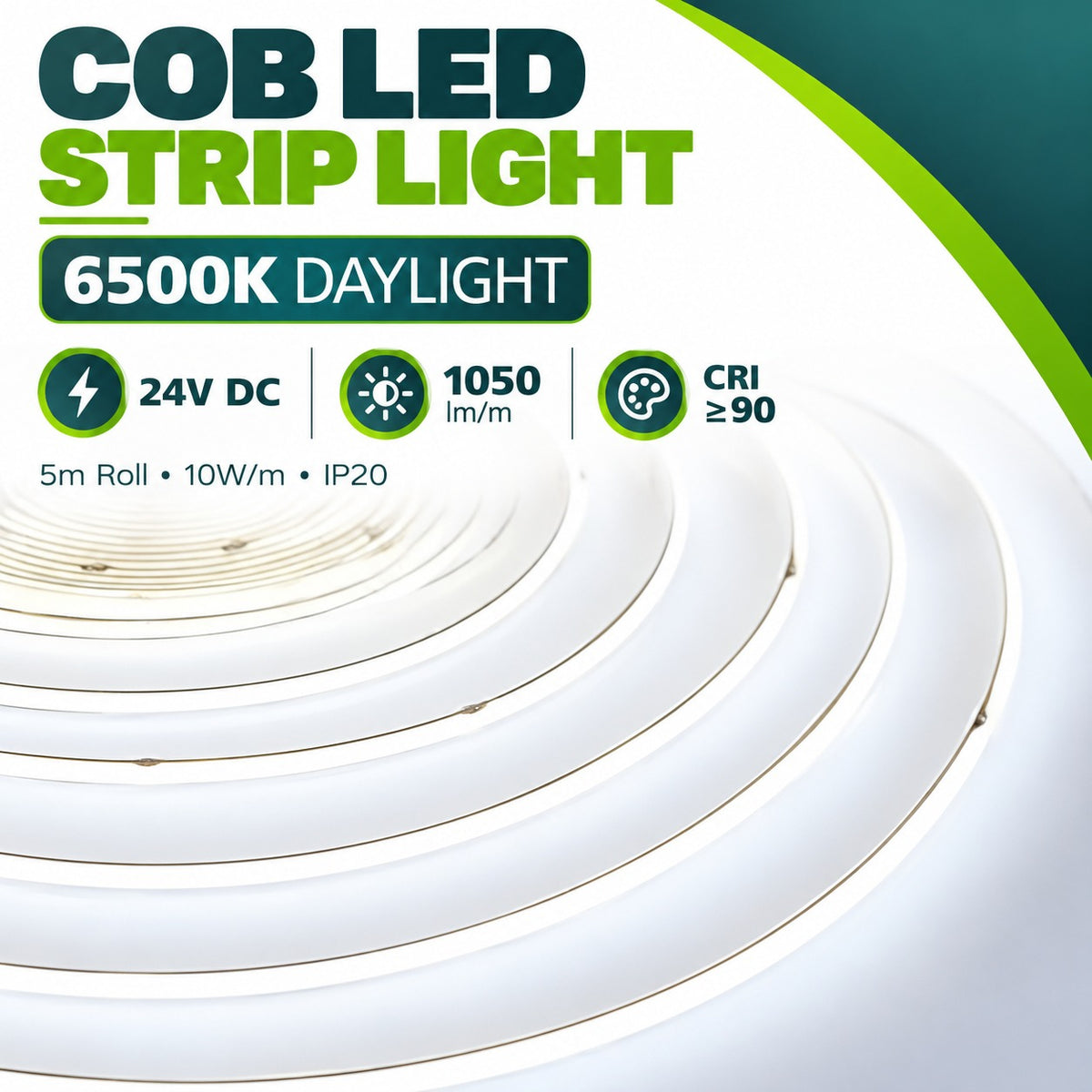 COB LED Strip Light 6500K Daylight – 24V DC, 1050 lm per m, CRI over 90, 5m roll, 10W per m, IP20
