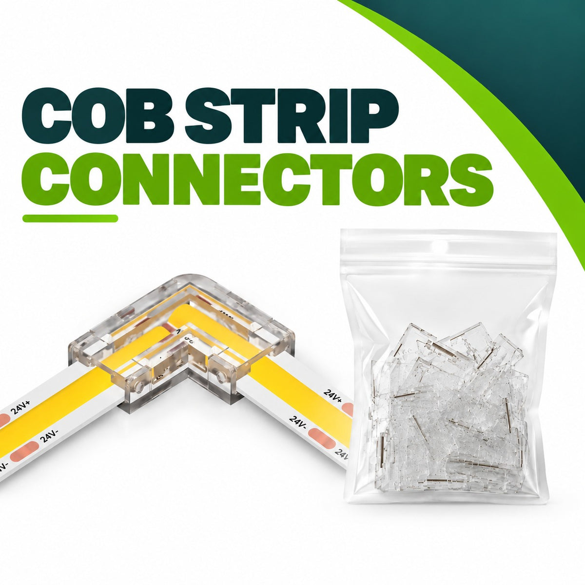 COB Strip Connectors – L corner connector fitted on 24V COB strip and bag of 10 connectors