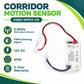 Corridor Motion Sensor EXBH-WP03-CR infographic – 5.8GHz microwave sensor, PWM dimming signal, 12V DC, IP20, 5-year warranty