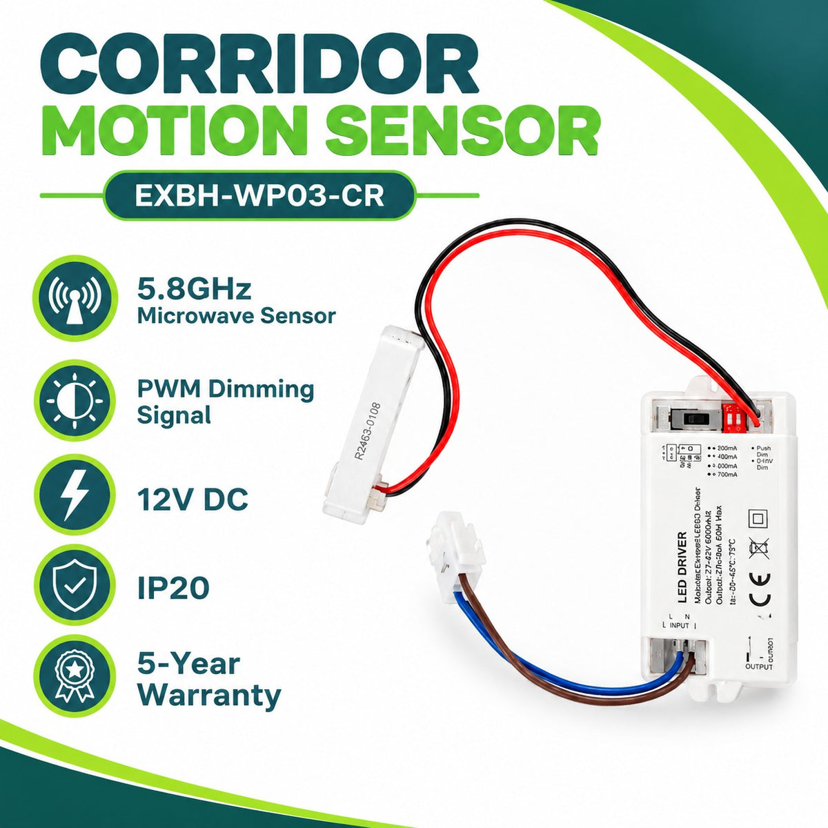 Corridor Motion Sensor EXBH-WP03-CR infographic – 5.8GHz microwave sensor, PWM dimming signal, 12V DC, IP20, 5-year warranty