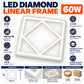 LED Diamond Linear Frame infographic – 60W, 100 lm per W, 120 degree beam, PF over 0.9, surge over 2KV, flicker-free, Aluminium frame with PC cover, suitable for most gypsum ceilings, 595 x 595 x 15mm, packing 2 units per box, 10 units per carton