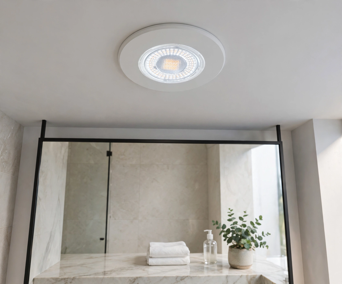 DL99Y 5W downlight installed in bathroom ceiling, lit