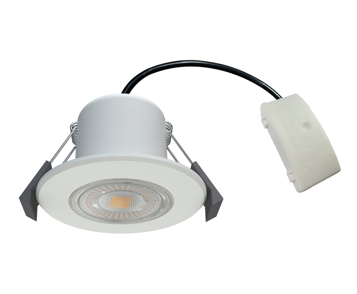 DL99Y 5W 6500K fire rated downlight, white bezel, front view with junction box