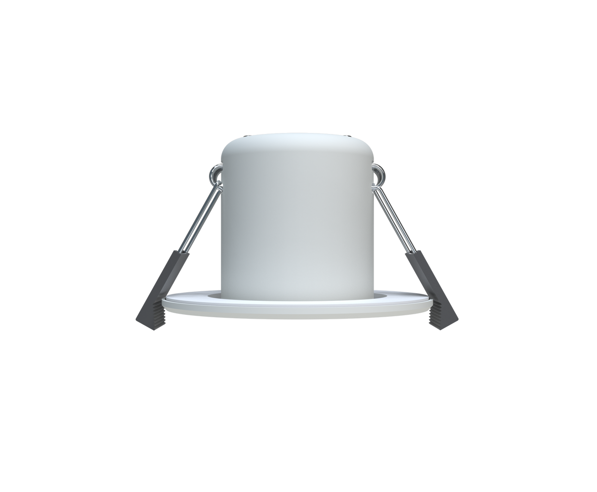 DL99Y 5W 6500K fire rated downlight, white bezel, rear view with spring clips