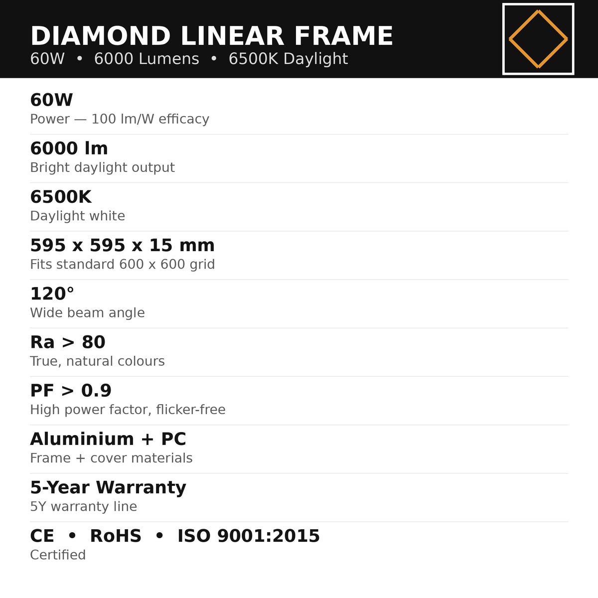 Diamond Linear Frame features: 60W, 6000 lumens, 6500K, 595x595x15mm, 120 degree beam, 5-year warranty