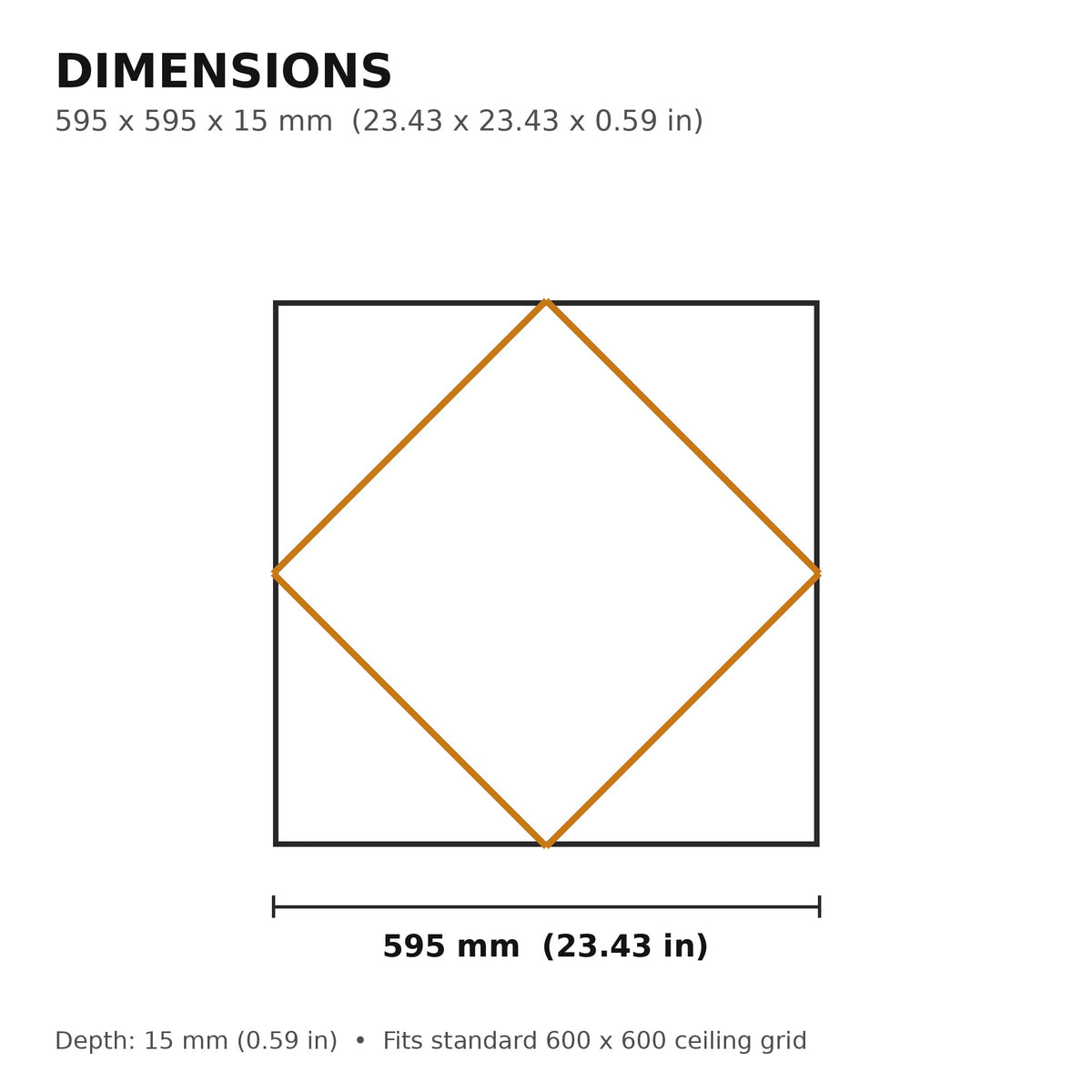 Diamond Linear Frame dimensions: 595 x 595 x 15 mm, fits standard 600 x 600 ceiling grid