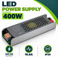 LED Power Supply 400W infographic – 24V DC output, 16.6A, IP20, constant voltage power supply