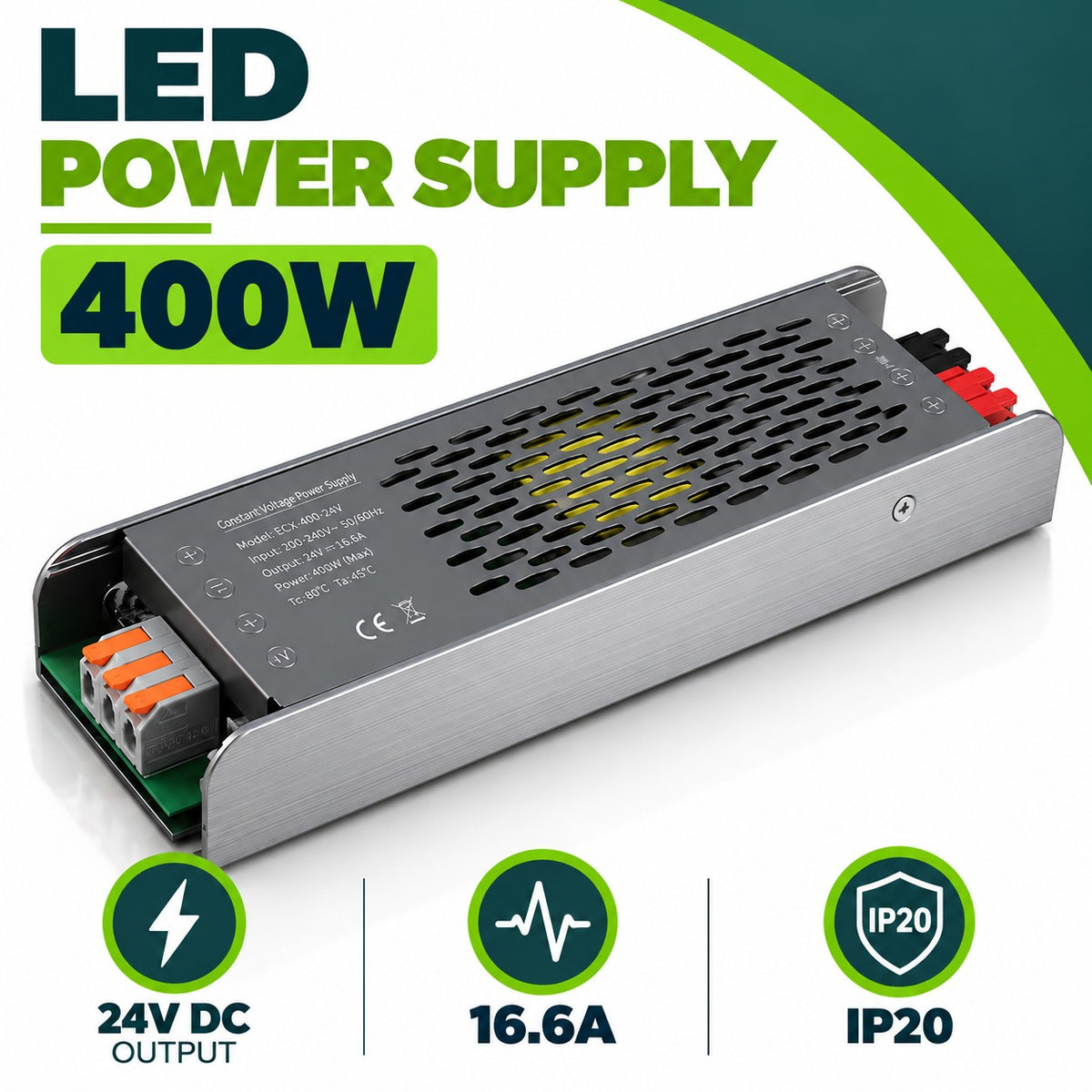 LED Power Supply 400W infographic – 24V DC output, 16.6A, IP20, constant voltage power supply