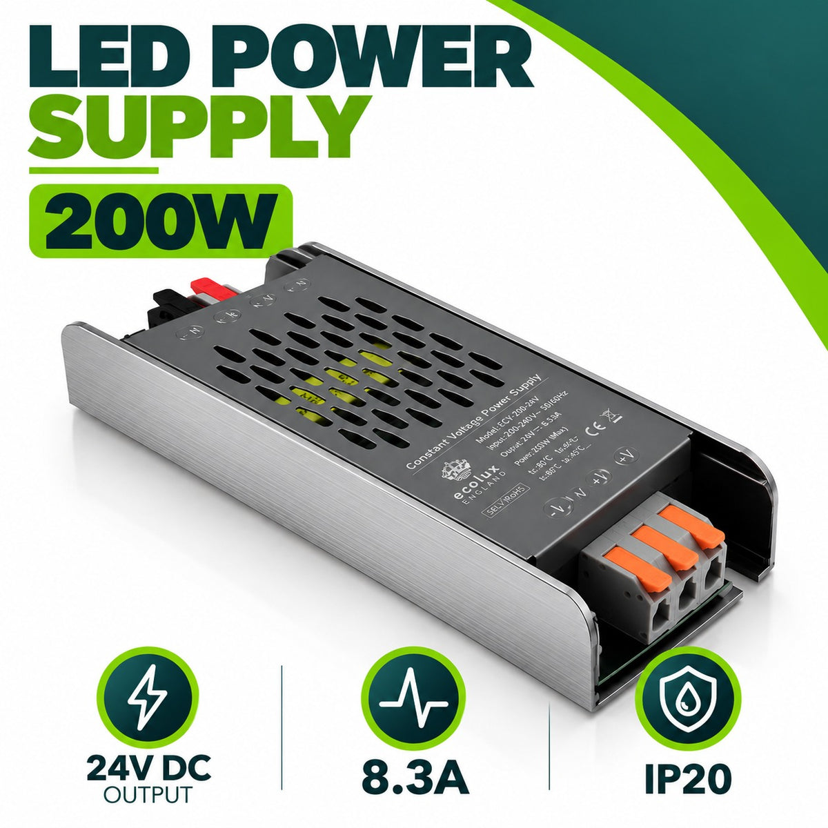 LED Power Supply 60W infographic – 24V DC output, 2.5A, IP20, constant voltage power supply