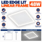 LED Edge Lit Linear Frame infographic – 48W, 100 lm per W, 120 degree beam, PF over 0.9, surge over 2KV, flicker-free driver, Aluminium frame with PC cover, 595 x 595 x 15mm, ceiling installation