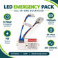 LED Emergency Pack All-in-One Bulkhead infographic – 3-hour emergency duration, 1W output, 1500mAh LiFePO4 battery, 24-hour charge, 220-240V AC input, 3.2V 4.8Wh battery