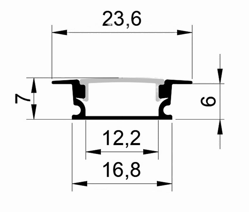 Recessed LED Aluminium Profile EXP205 – cross-section dimensions: 23.6mm wide x 7mm high, 12.2mm internal width