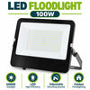 LED Floodlight 100W infographic – 6500K daylight, LED high efficiency, adjustable mounting bracket, outdoor floodlighting