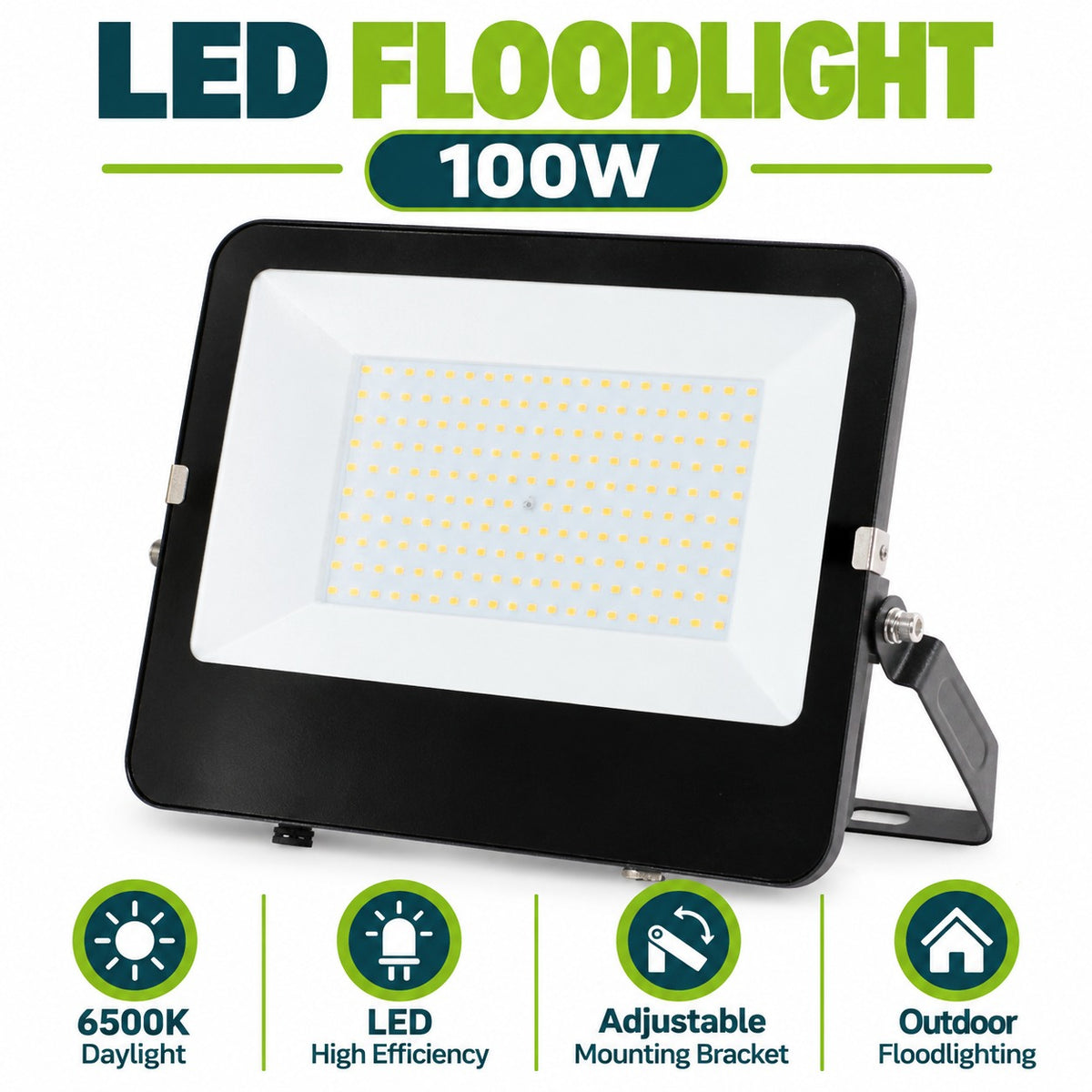 LED Floodlight 100W infographic – 6500K daylight, LED high efficiency, adjustable mounting bracket, outdoor floodlighting