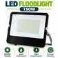 LED Floodlight 150W infographic – 6500K daylight, IP65 weatherproof, 10kV surge protection, 5-year warranty