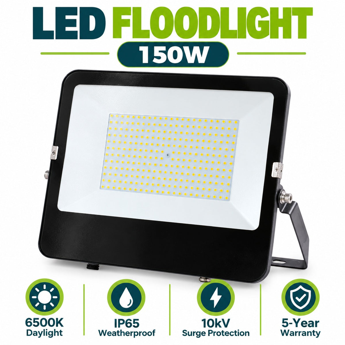 LED Floodlight 150W infographic – 6500K daylight, IP65 weatherproof, 10kV surge protection, 5-year warranty