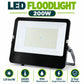 LED Floodlight 200W infographic – 120 lm per W, 6500K daylight, IP65 weatherproof, 10kV surge protection, 5-year warranty