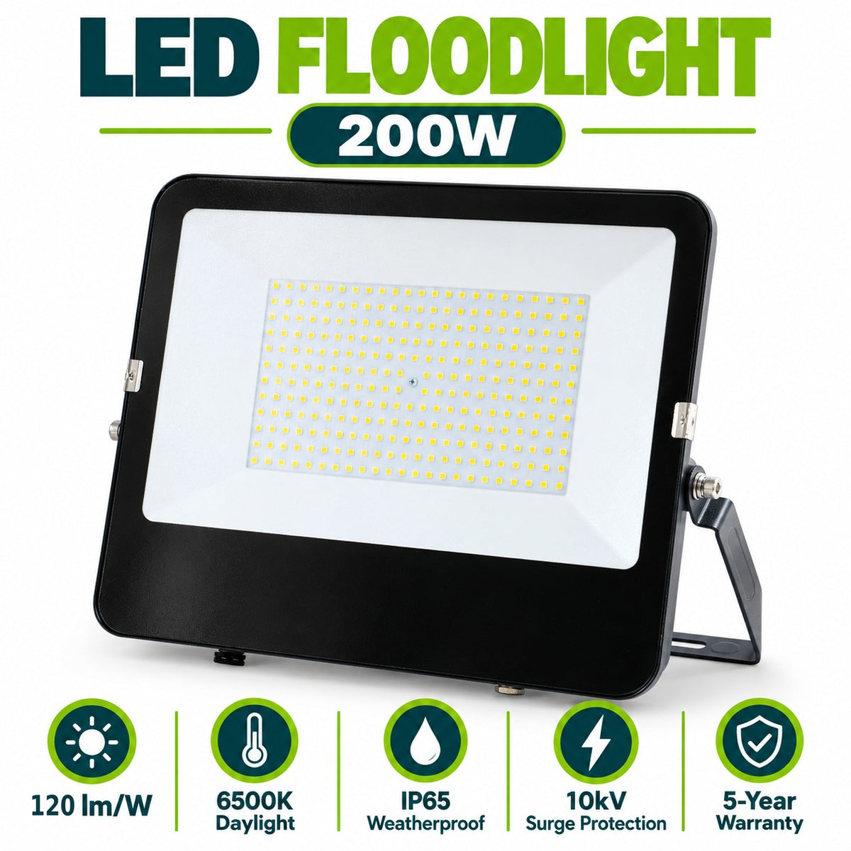 LED Floodlight 200W infographic – 120 lm per W, 6500K daylight, IP65 weatherproof, 10kV surge protection, 5-year warranty