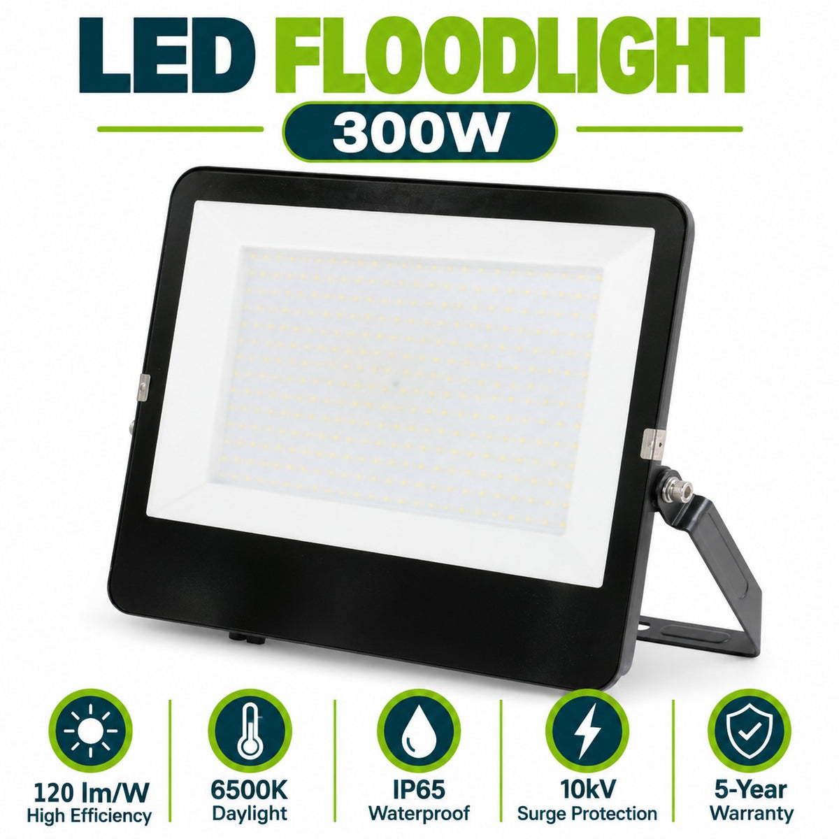 LED Floodlight 300W infographic – 120 lm per W high efficiency, 6500K daylight, IP65 waterproof, 10kV surge protection, 5-year warranty