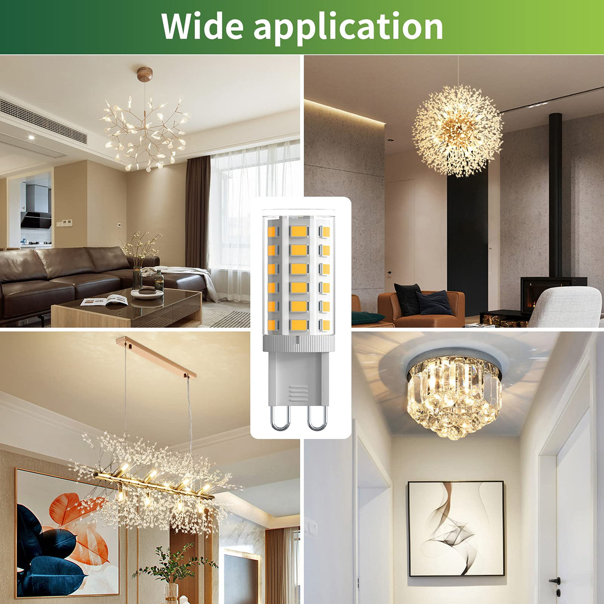 G9 capsule bulb shown with lit chandeliers, pendant and wall lights in living room and hallway settings