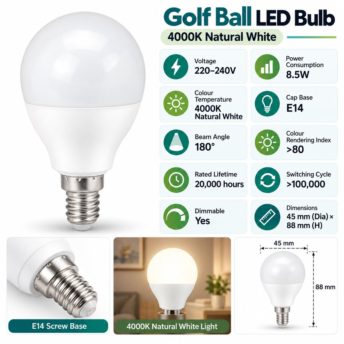 Golf Ball LED Bulb 4000K Natural White infographic – 8.5W dimmable, E14, 180 degree beam, CRI over 80, 20000 hours, dimensions
