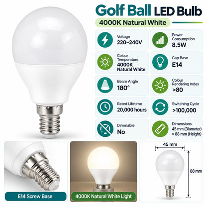 Golf Ball LED Bulb 4000K Natural White infographic – 8.5W non-dimmable, E14, 180 degree beam, CRI over 80, 20000 hours, dimensions