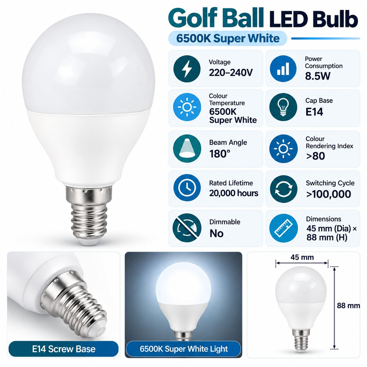 Golf Ball LED Bulb 6500K Super White infographic – 8.5W, E14, 180 degree beam, CRI over 80, 20000 hours, non-dimmable, dimensions