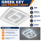 Greek Key LED Frame Light infographic – 60W, 6000 lumens, 100 lm per W, 600 x 600mm, 5 year warranty, bold Greek Key geometric design, modern illuminated frame