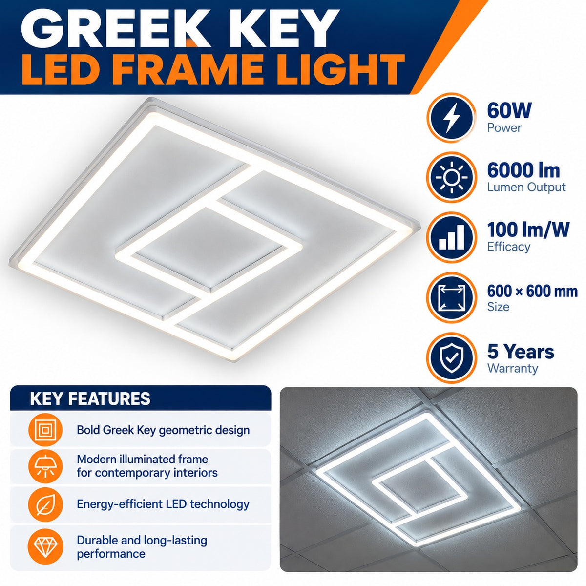 Greek Key LED Frame Light infographic – 60W, 6000 lumens, 100 lm per W, 600 x 600mm, 5 year warranty, bold Greek Key geometric design, modern illuminated frame