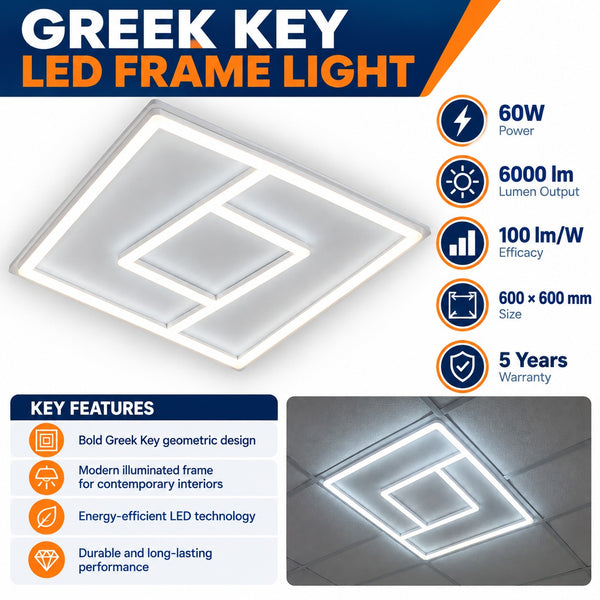 Greek Key LED Linear Frame Light – 60W, 6000lm, Cool White, 600×600mm, 5-Year Warranty secondary image