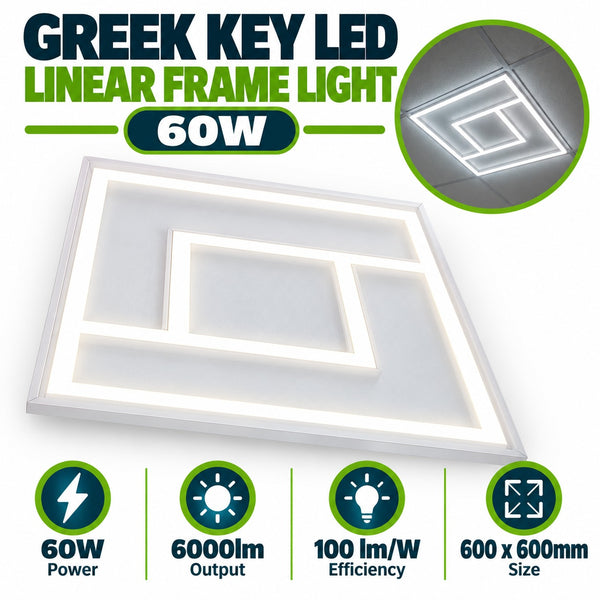 Greek Key LED Linear Frame Light – 60W, 6000lm, Cool White, 600×600mm, 5-Year Warranty