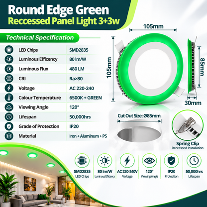 Round Edge Recessed LED Panel – 6500K + Colour Edge Glow (Green / Purple / Red / Blue), IP20