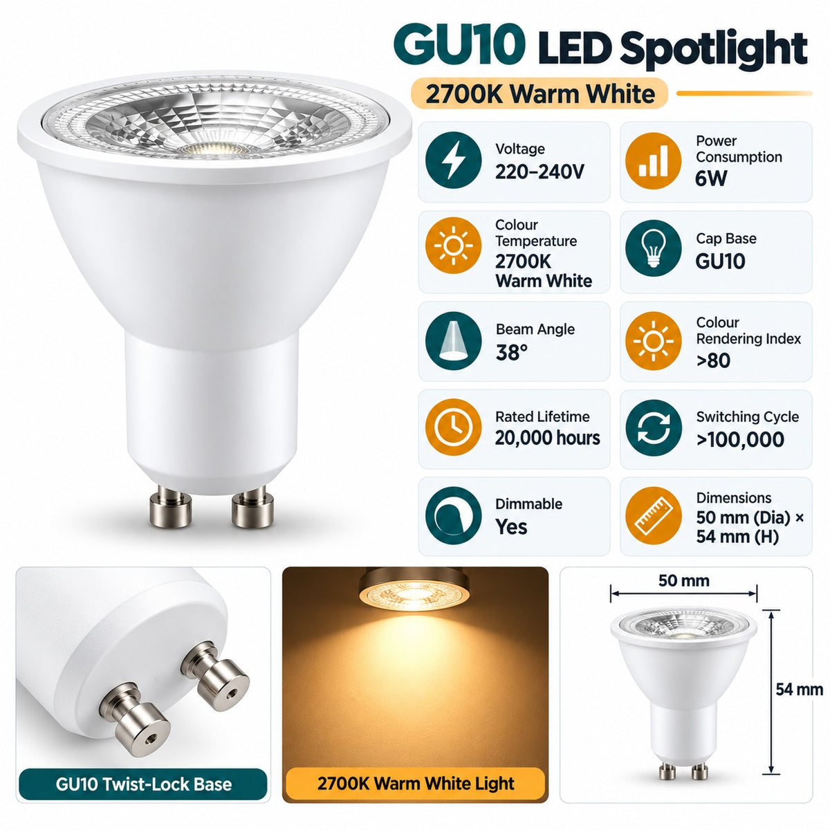GU10 LED Spotlight 2700K Warm White infographic – 6W dimmable, 220-240V, GU10, 38 degree beam, CRI over 80, 20000 hours, dimensions