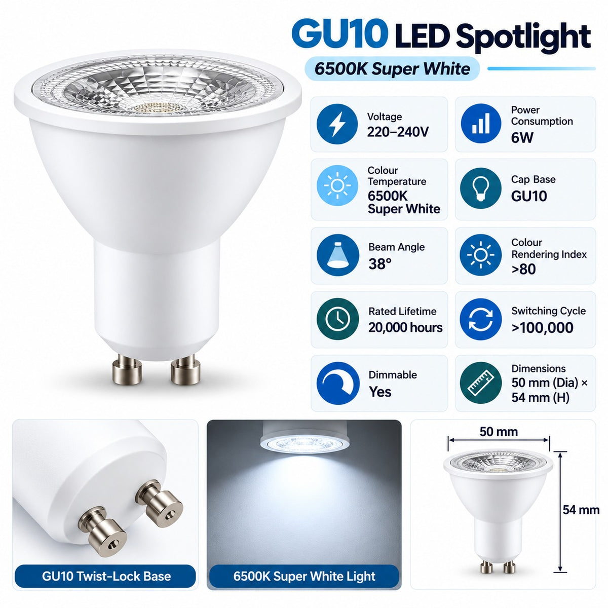 GU10 LED Spotlight 6500K Super White infographic – 6W dimmable, 220-240V, GU10, 38 degree beam, CRI over 80, 20000 hours, dimensions