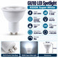 GU10 LED Spotlight 6500K Super White infographic – 7.5W non-dimmable, 220-240V, GU10, 38 degree beam, CRI over 80, 20000 hours, dimensions