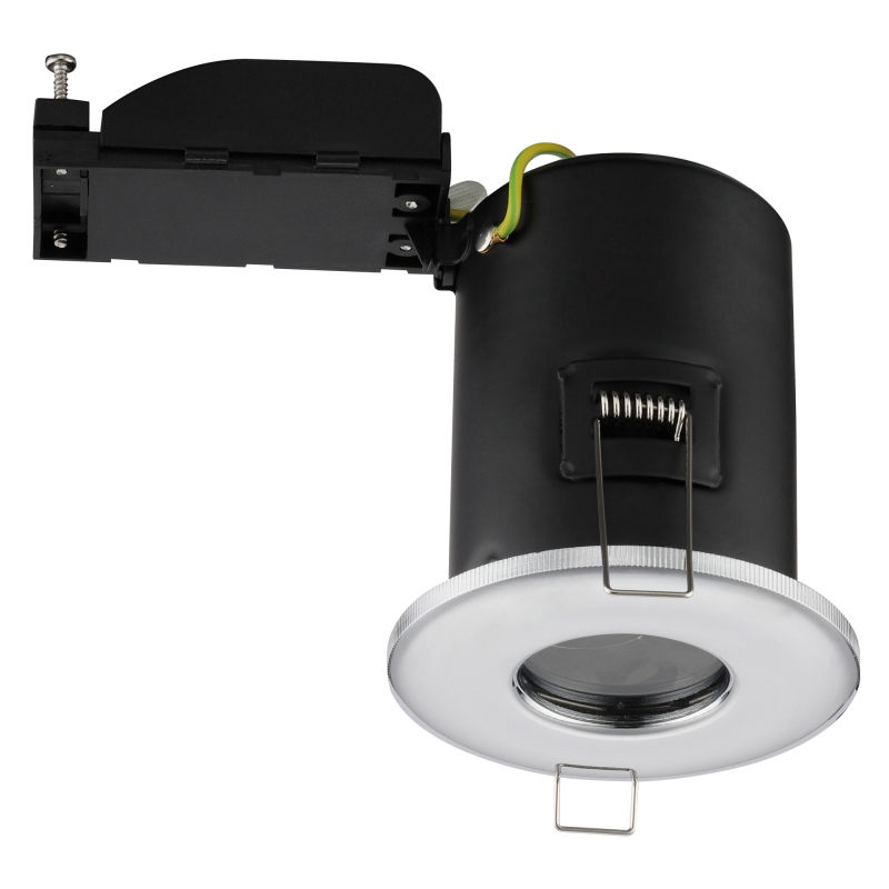 IP65 fire rated GU10 downlight, polished chrome, side view with terminal block