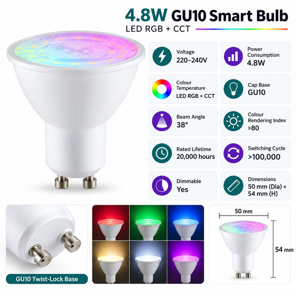GU10 Smart Bulb – RGB + CCT, WiFi & Bluetooth, 4.8W, 400lm, Dimmable secondary image