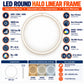 LED Round Halo Linear Frame infographic – 30W 35W 40W selectable power DIP switch, 4800 lumens, 120 lm per W, 120 degree beam, PF over 0.9, CRI over 80, non-flicker, non-dimmable, 3000K 4000K 6500K selectable DIP switch, 50000 hours, IP20, CE and UKCA, 591mm diameter, 15mm height, Aluminium frame RAL9003, silicone rubber diffuser, 480 SMD2835 LEDs, 5 year warranty