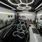 Hexagon LED frame in car detailing studio