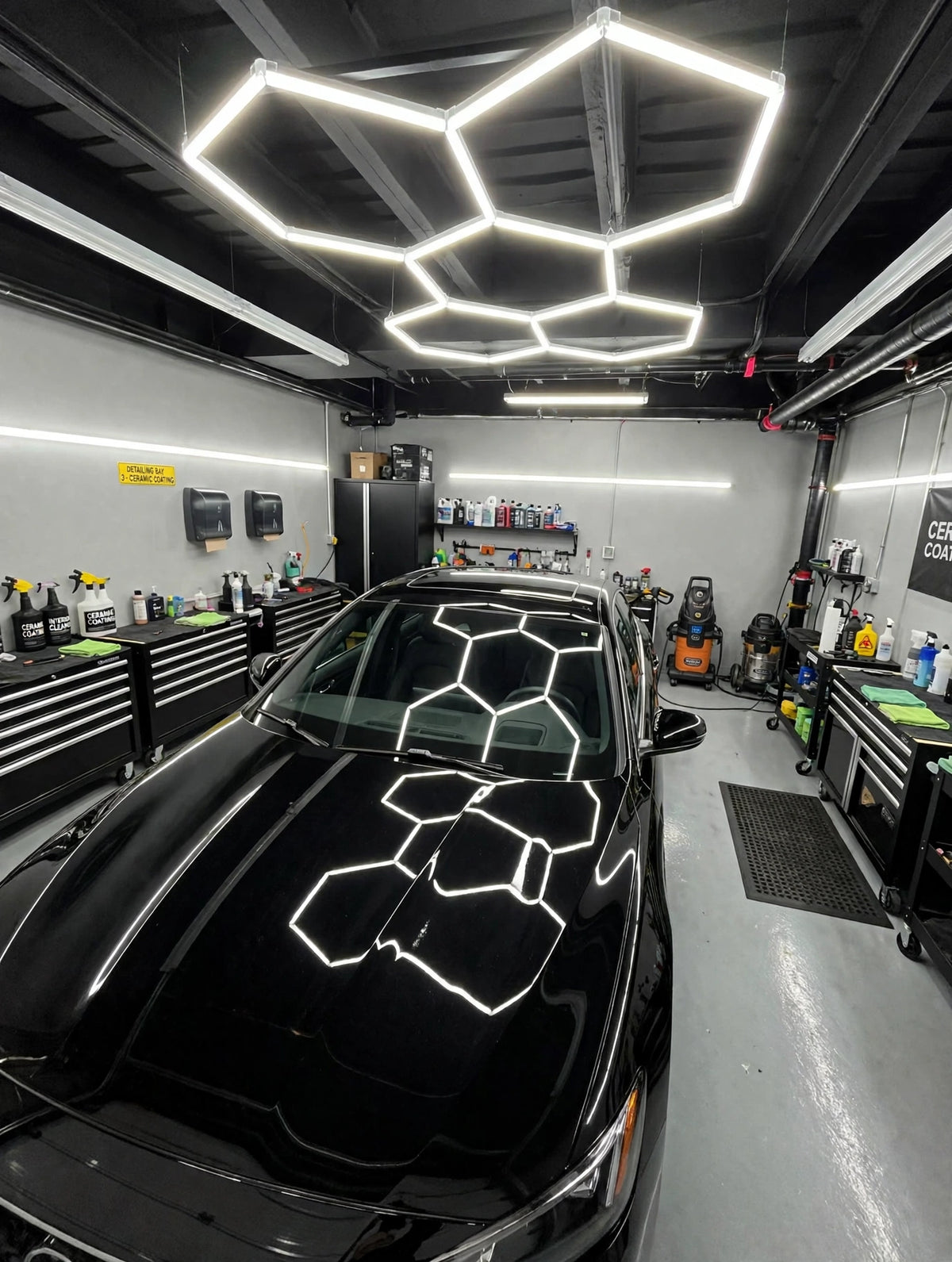Hexagon LED frame in car detailing studio