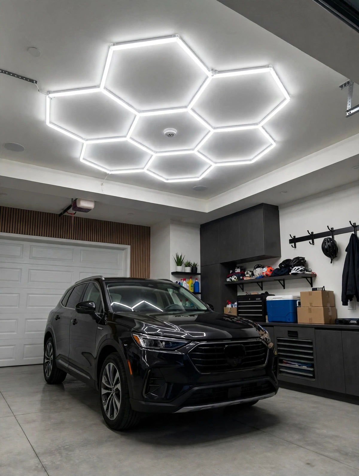 Hexagon LED frame installed in garage